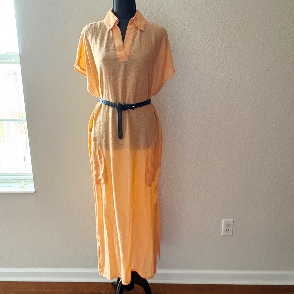 Tahari Orange Linen Blend Maxi Dress Short Sleeve Collared Pockets Size M